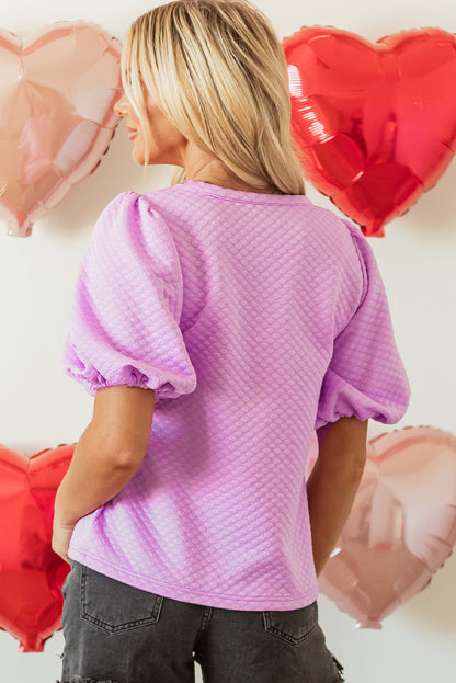 Solid Textured Round Neck Puff Sleeve Blouse