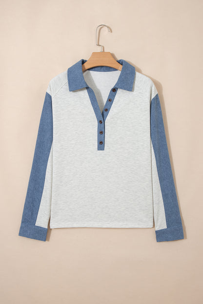 Denim Patchwork Polo Collar Long Sleeve Top