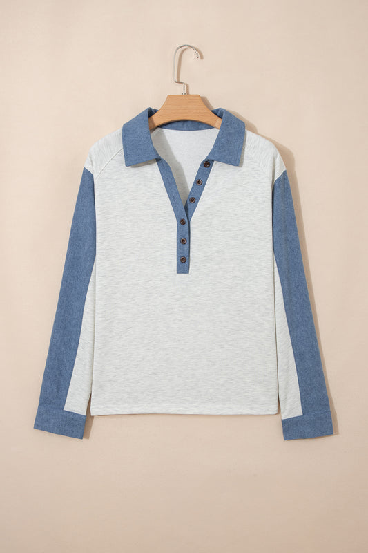 Denim Patchwork Polo Collar Long Sleeve Top