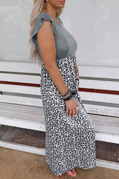 Leopard Ribbed Pocketed Maxi Dress