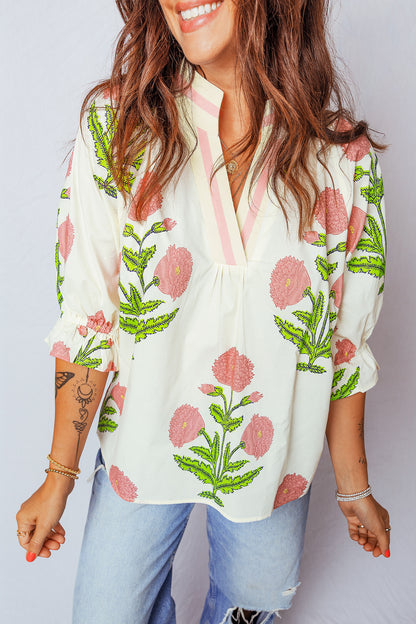 Flower Contrast V-Neck 3/4 Sleeve Blouse