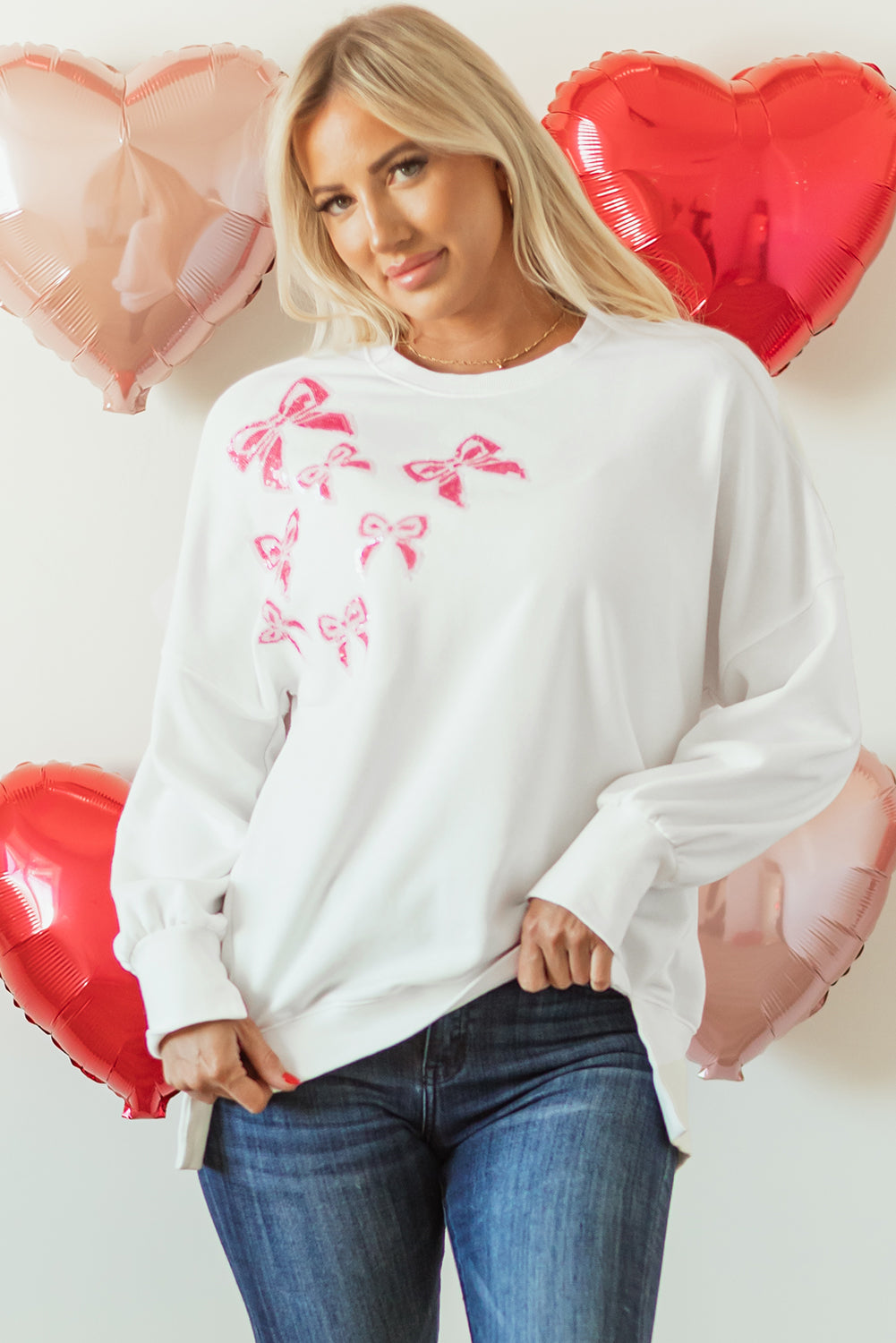 Valentine Bow Sequin Long Sleeve Oversize Sweatshirt
