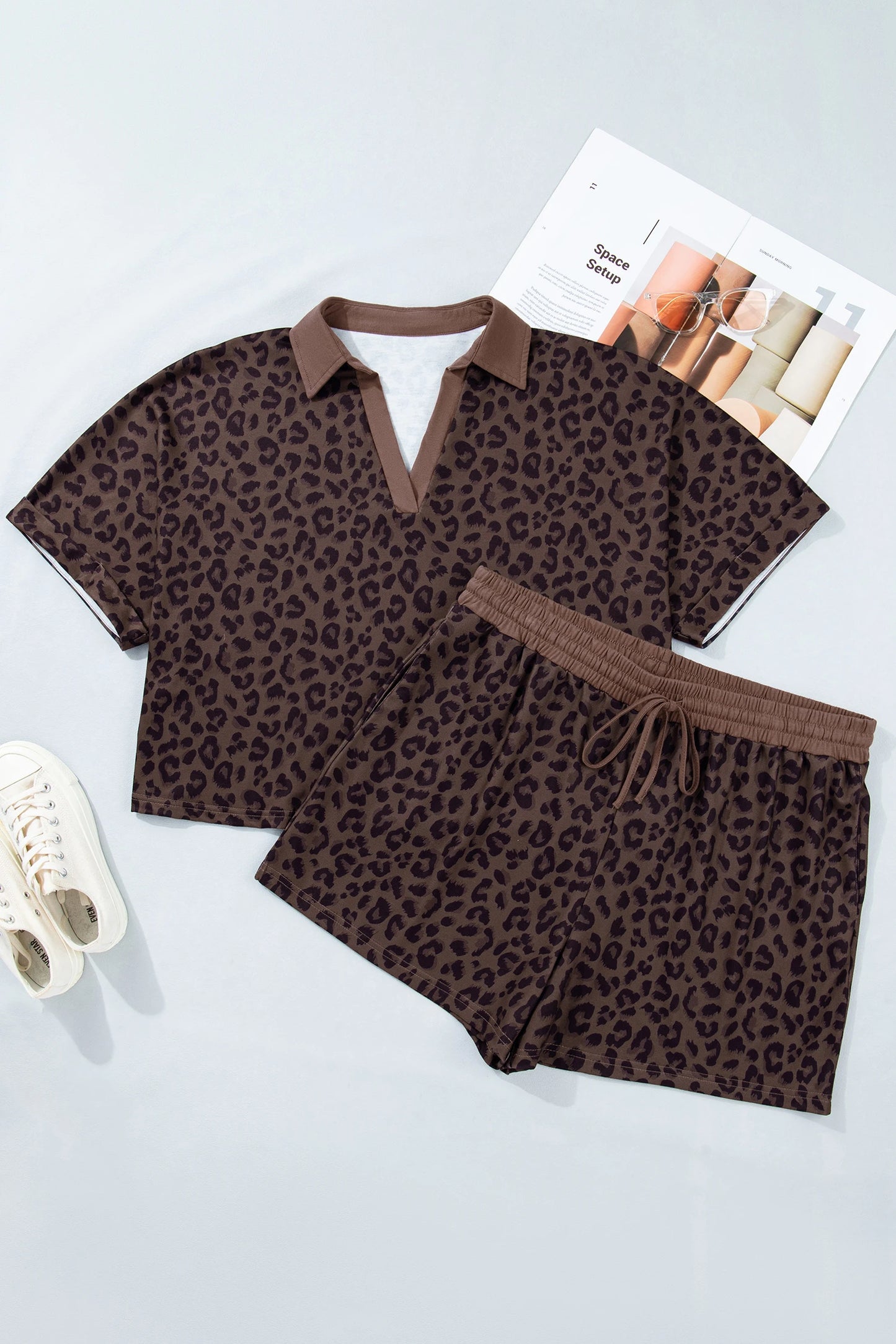 Plus Size Leopard Collared Top & Drawstring Shorts Set