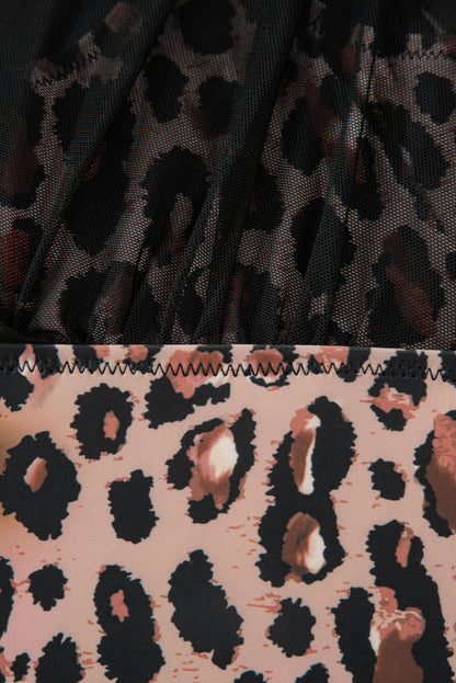 Leopard Mesh Patchwork V-Neck 3/4 Sleeve Swimsuit