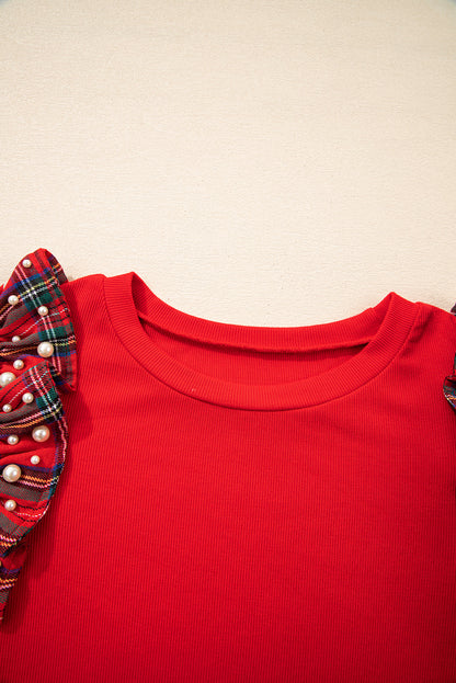 Plaid Pearl Ruffle Short Sleeve Loose T-Shirt