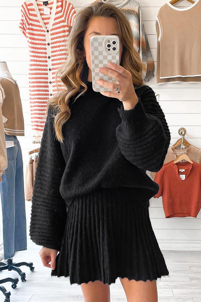 Smoke Gray High Neck Puff Sleeve Sweater Pleated Mini Skirt 2pcs Knitted Outfit