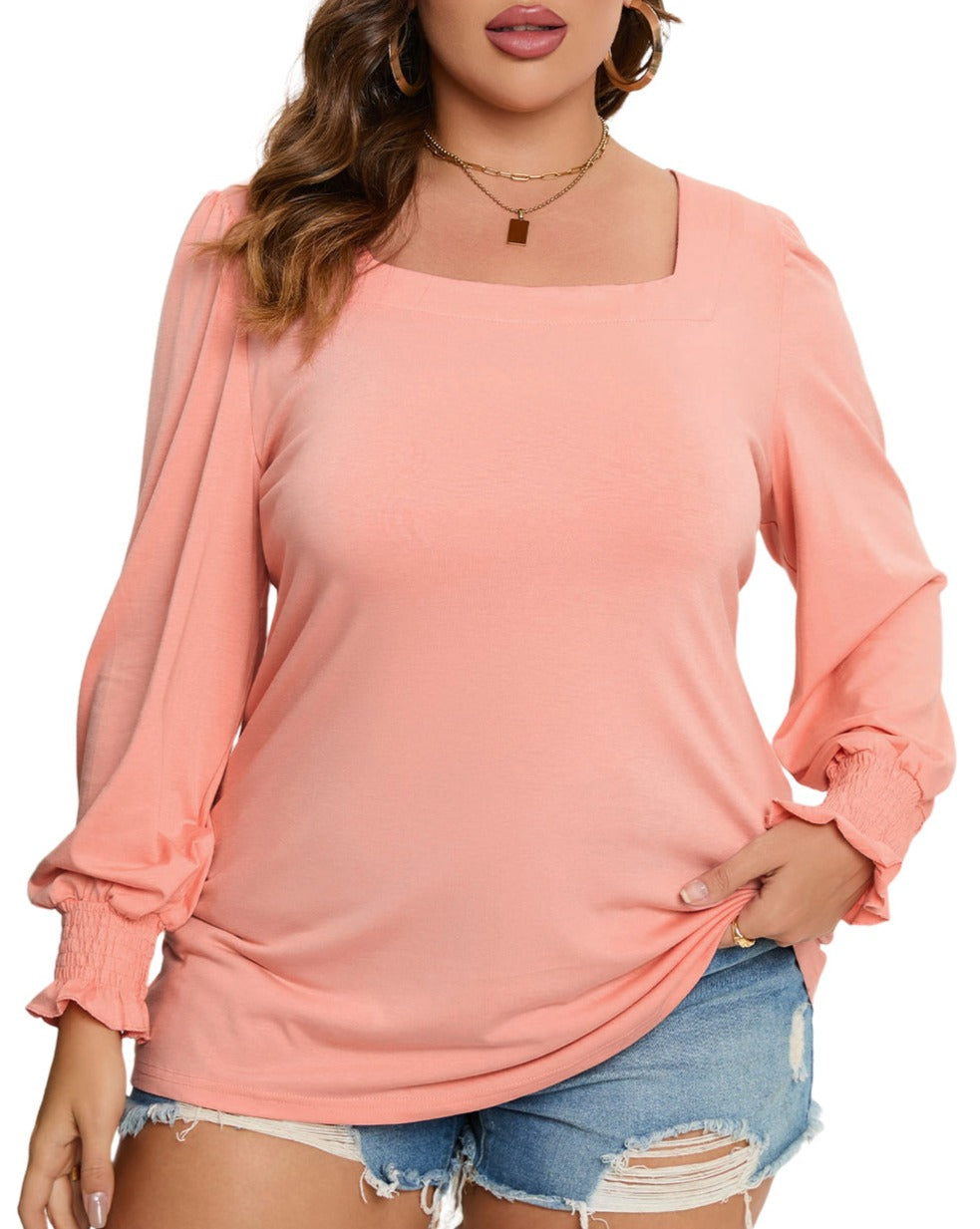 Square Neck Flounce Sleeve Top Plus Size