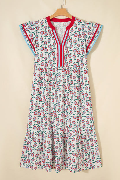 Sunflower Stripe Patchwork Flutter Sleeve Midi Dress