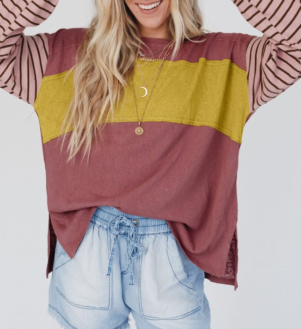 Colorblock Stripe Bishop Sleeve Top