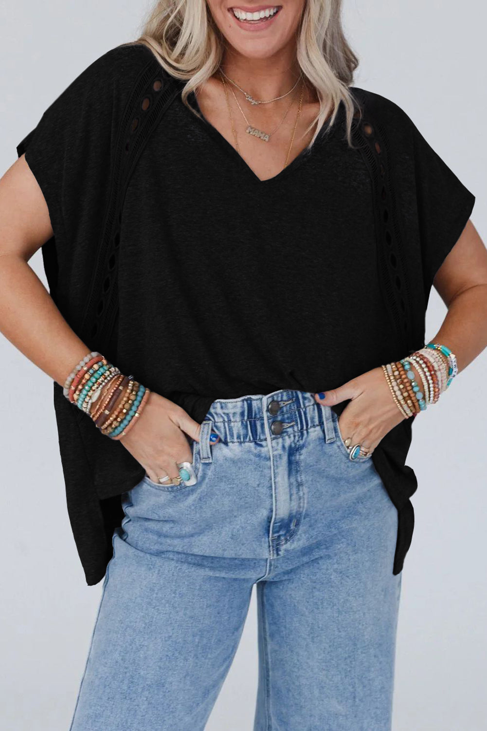 Lace Trim Oversized V-Neck Tee