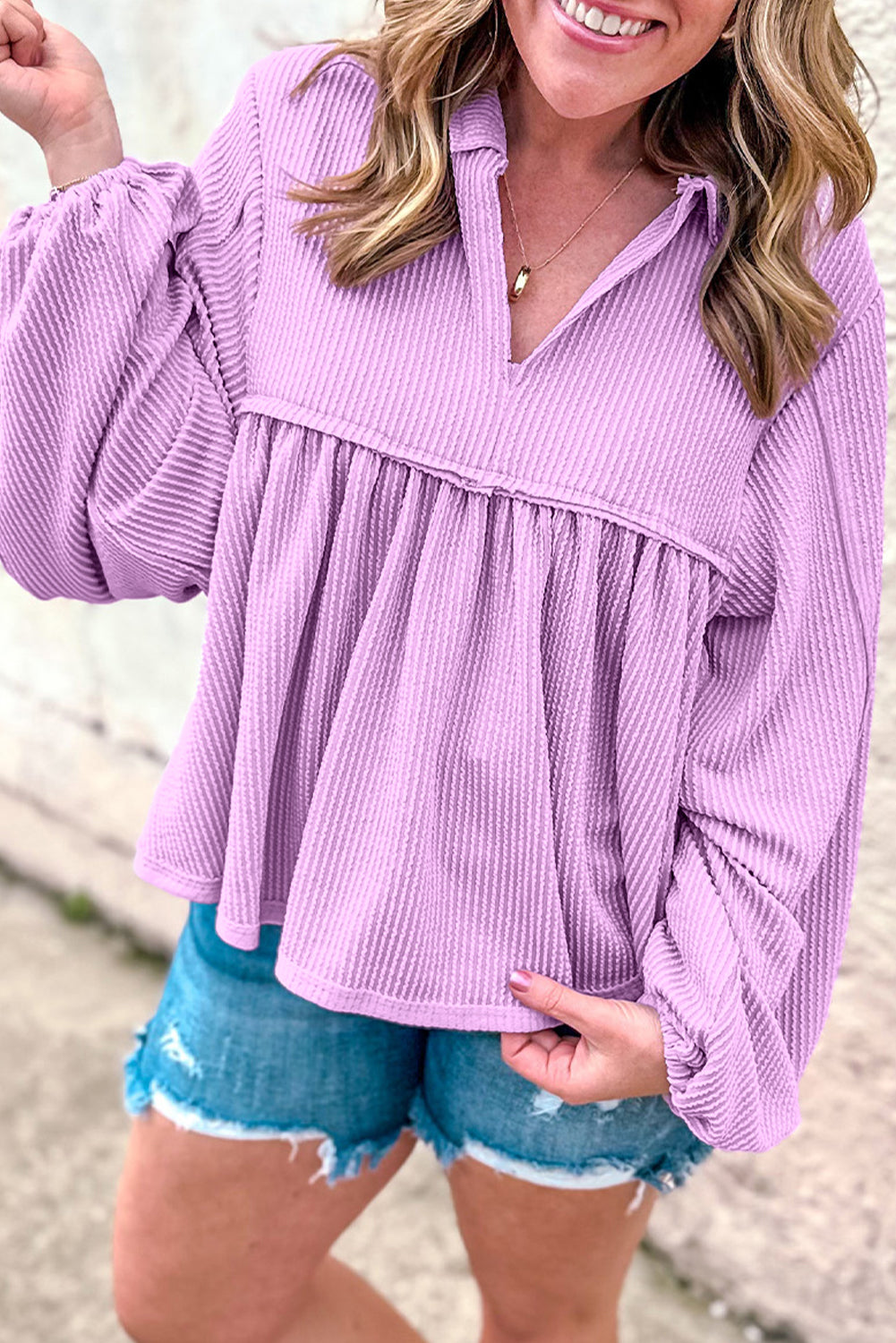 Corded V-Neck Bubble Sleeve Blouse