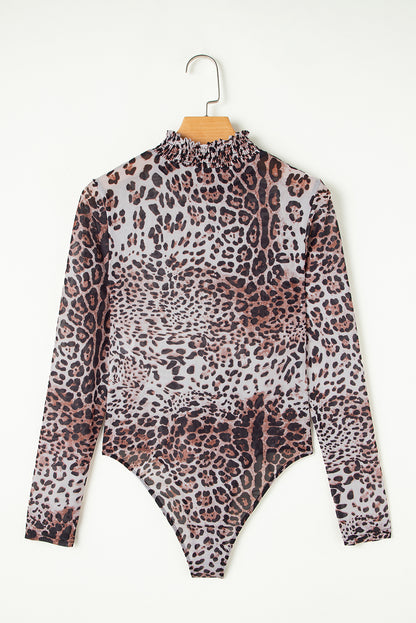 Leopard Mesh Smocked Neck Long Sleeve Bodysuit