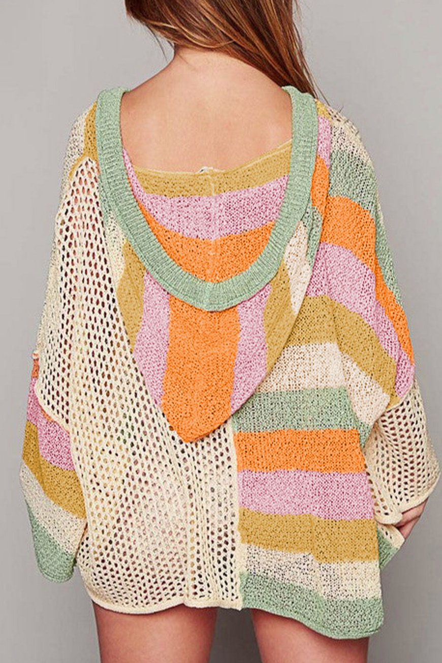 Colorblock Pointelle Knit Hooded Sweater Plus Size