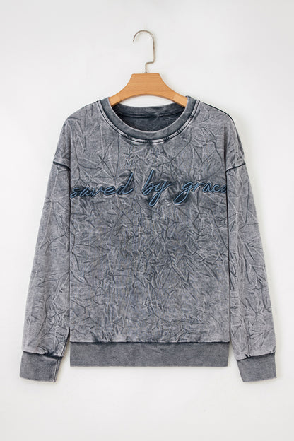 Saved by Grace Embroidered Mineral Wash Loose Sweatshirt