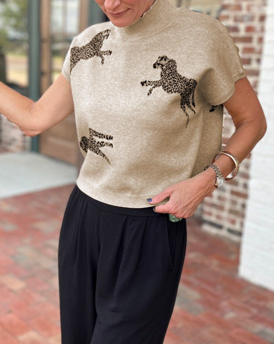 Cheetah Short Sleeve Turtleneck Sweater