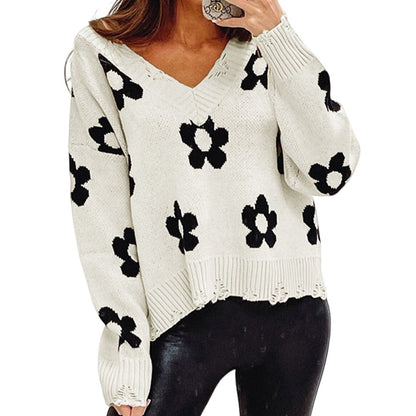 Floral Distressed V-Neck Sweater