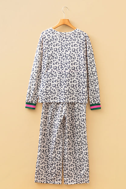 Leopard Long Sleeve V-Neck Top and Pant Set