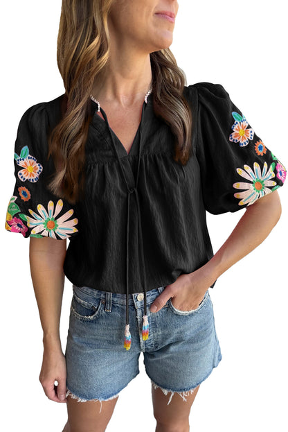 Floral Embroidered Puff Sleeve Blouse