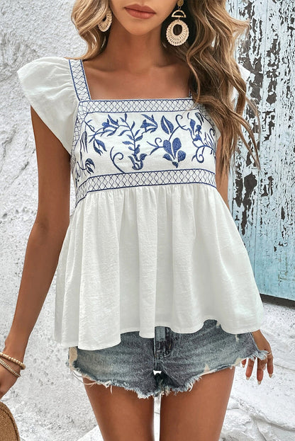 Floral Embroidered Square Neck Blouse