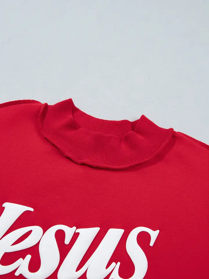 Jesus Saves Graphic Print Mock Neck Sweatshirt