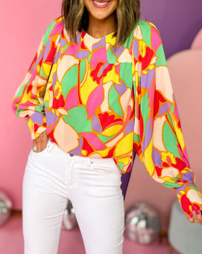 Abstract Long Puff Sleeve Blouse