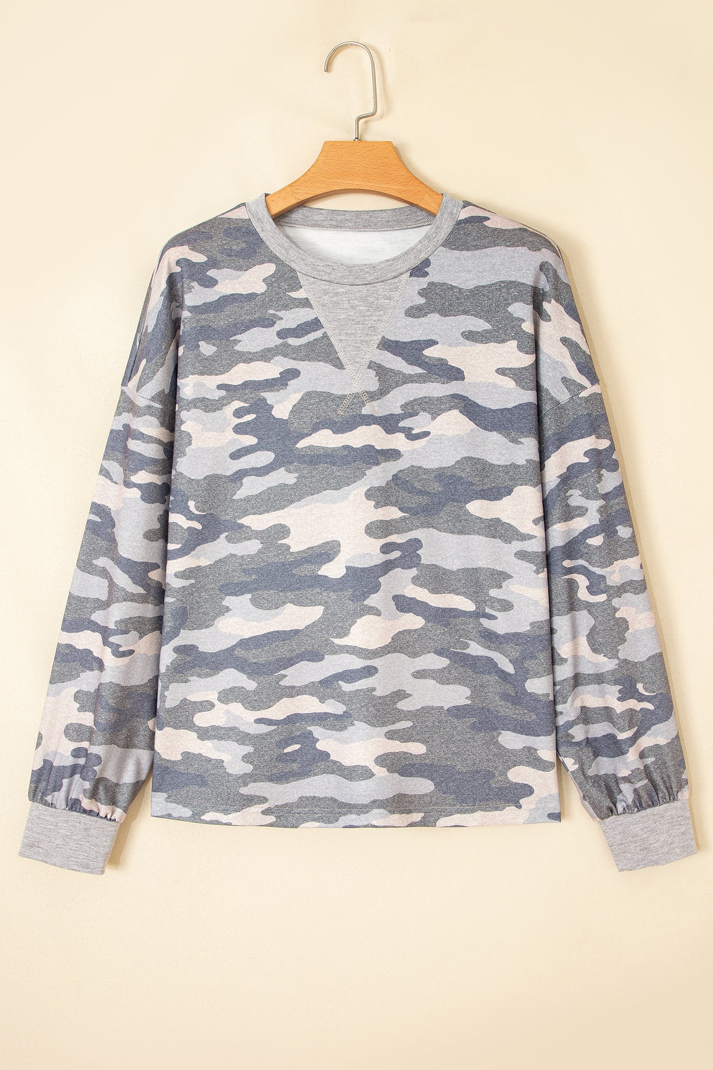 Camo Long Sleeve Round Neck Shift Pullover Top