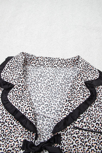 Leopard Bow Long Sleeve Top & Pants Pajama Set