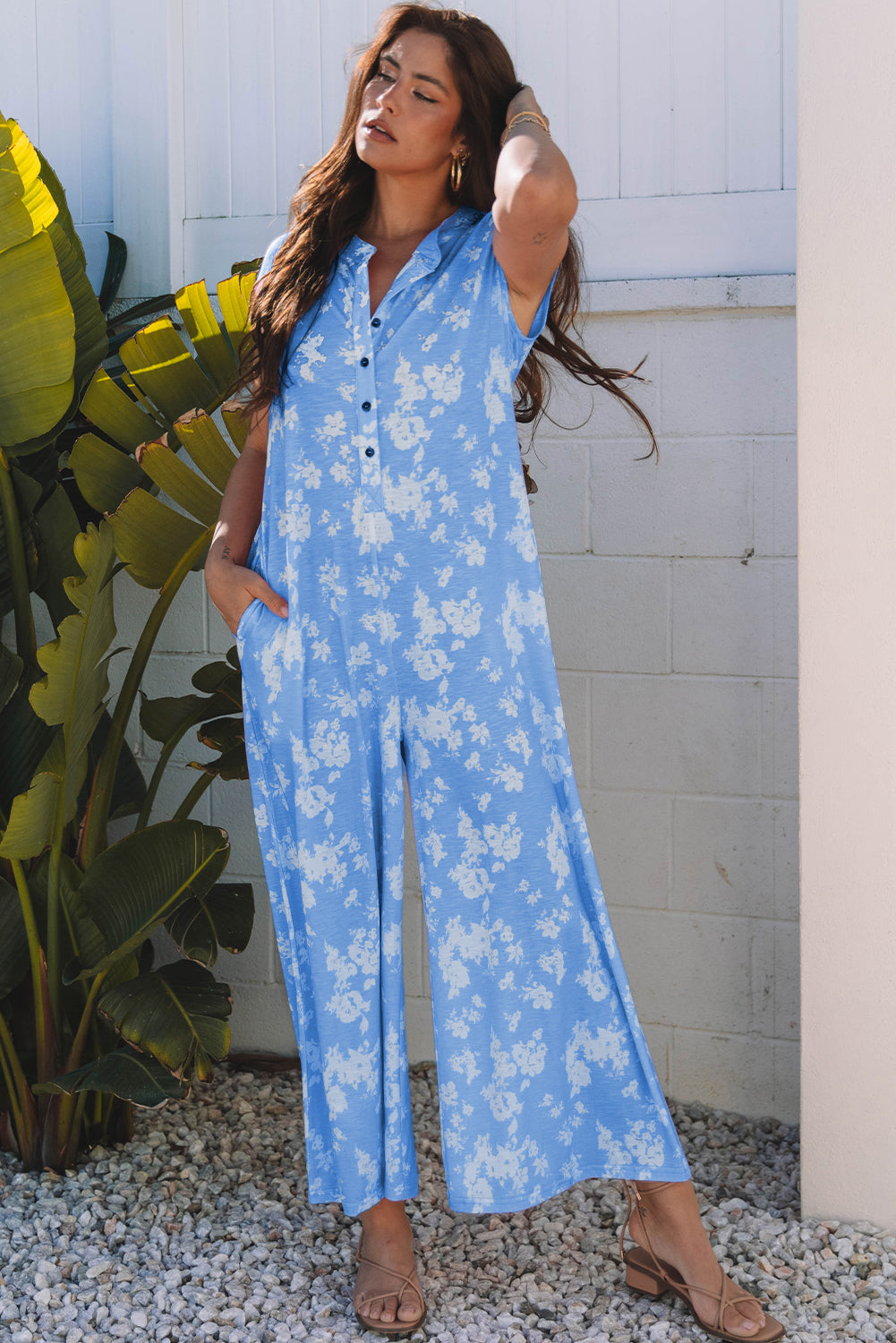 Floral Half-Button Sleeveless Wide Leg Jumpsuit