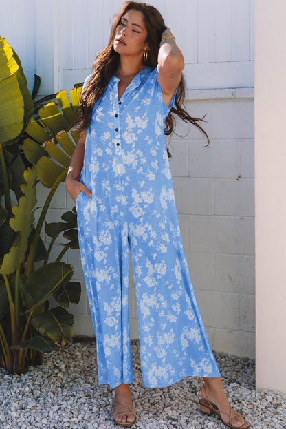 Floral Half-Button Sleeveless Wide Leg Jumpsuit