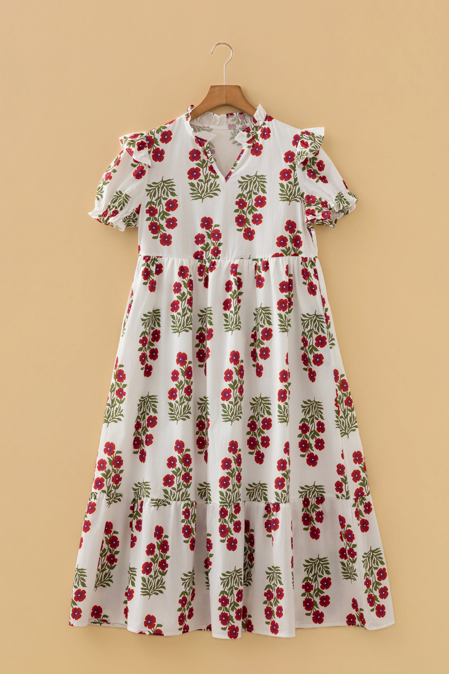 Floral V-Neck 3/4 Puff Sleeve Mini Dress