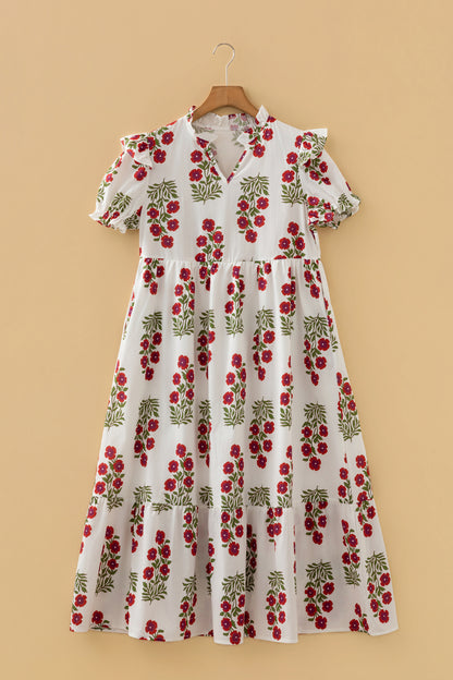Floral V-Neck 3/4 Puff Sleeve Mini Dress