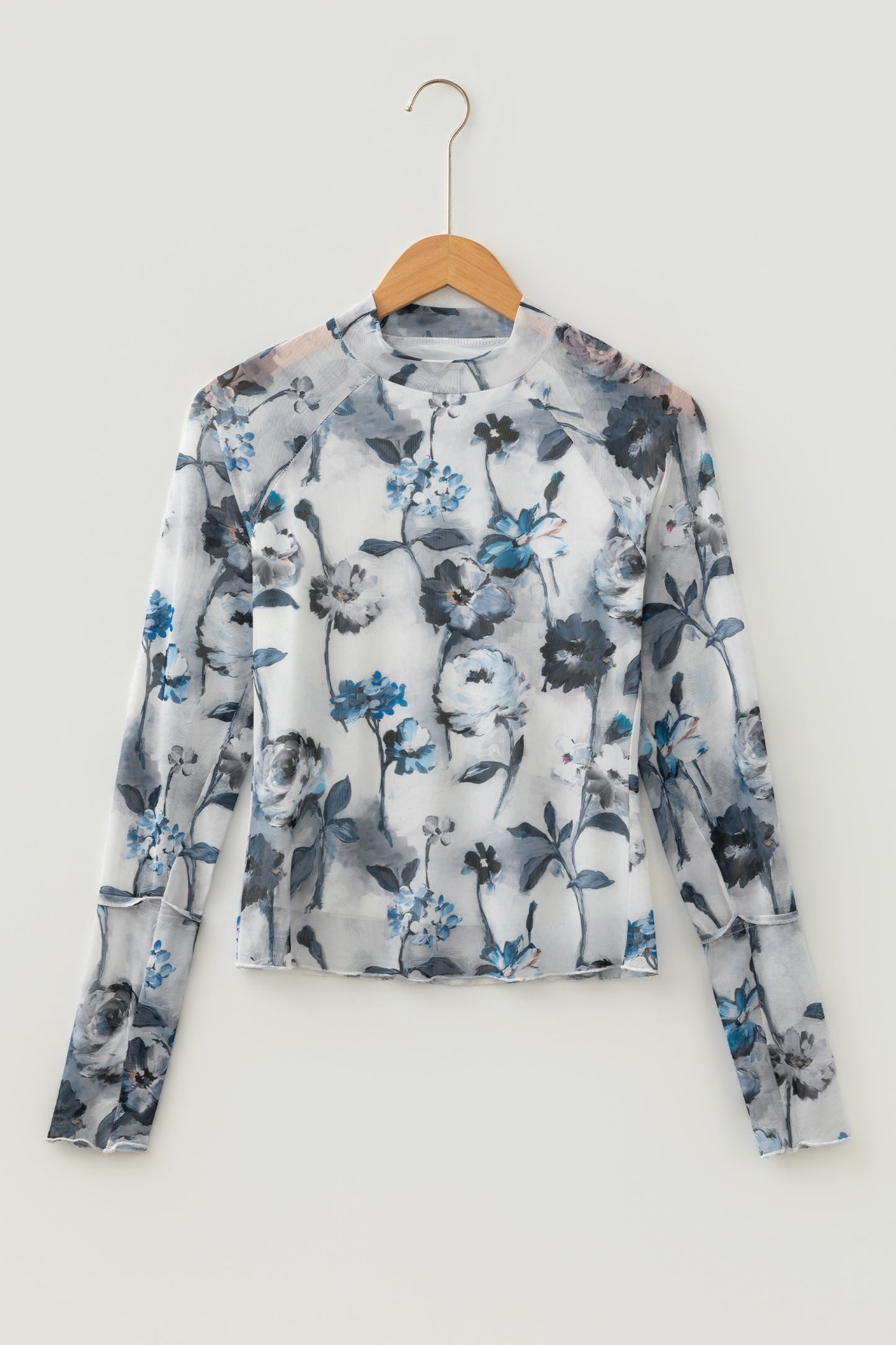 Floral Mesh High Neck Long Sleeve Sheath Top