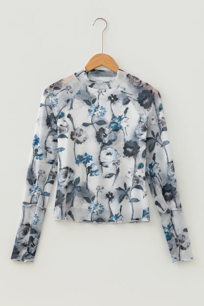 Floral Mesh High Neck Long Sleeve Sheath Top