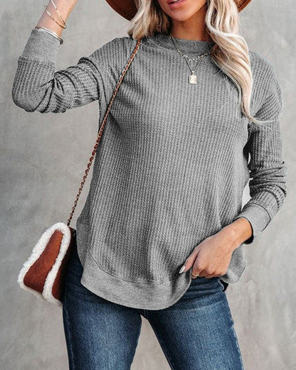 Waffle Ribbed Trim Crewneck Top