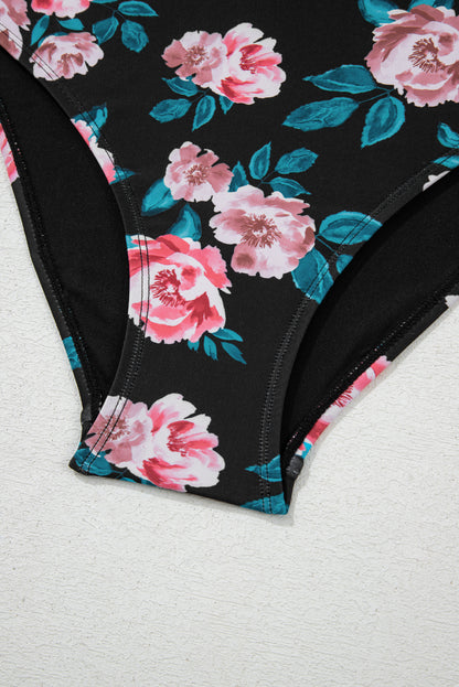 Solid Ruffle Top & Floral Bikini Set