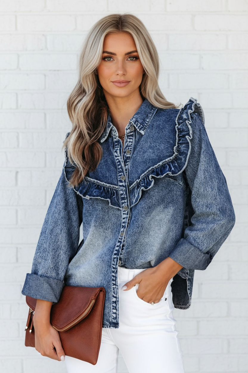 Denim Vintage Wash Ruffle Button-Down Shirt