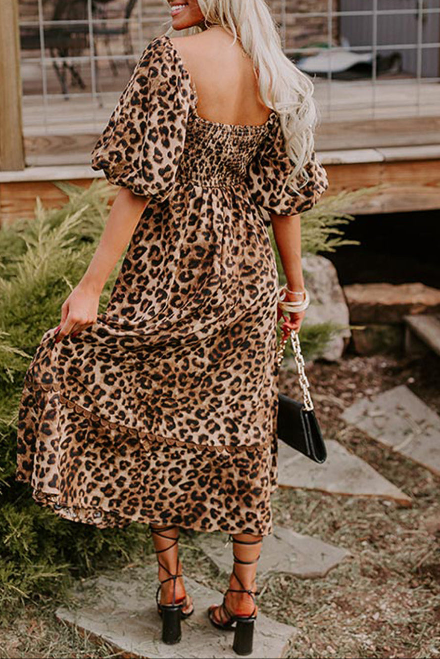 Leopard Bubble Sleeve Maxi Dress