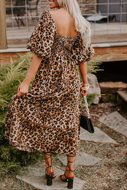 Leopard Bubble Sleeve Maxi Dress