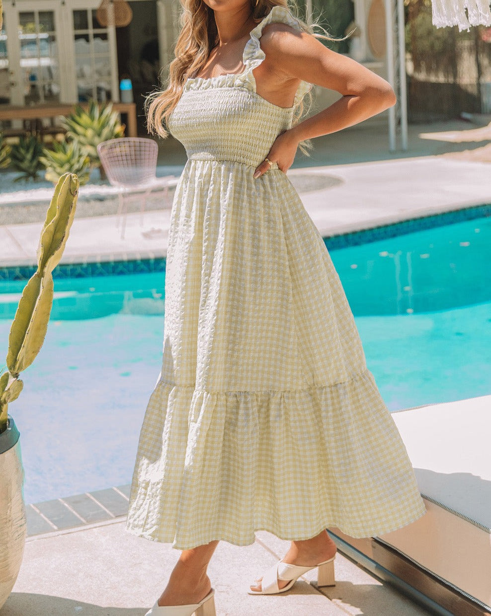 Gingham Plaid Ruffle Maxi Dress