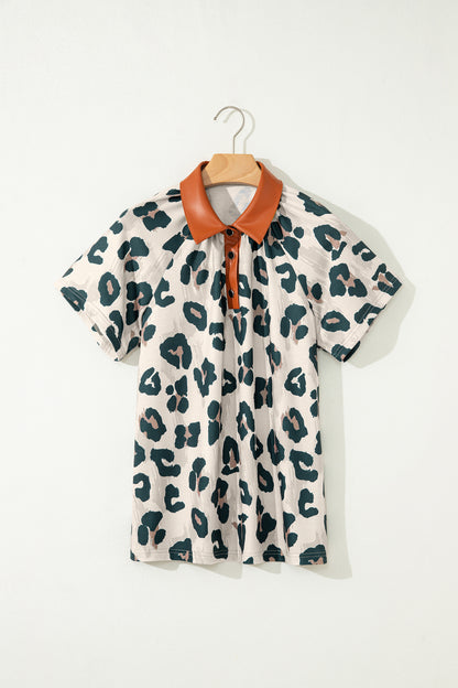 Leopard Buttoned Contrast Collar Short Sleeve Blouse
