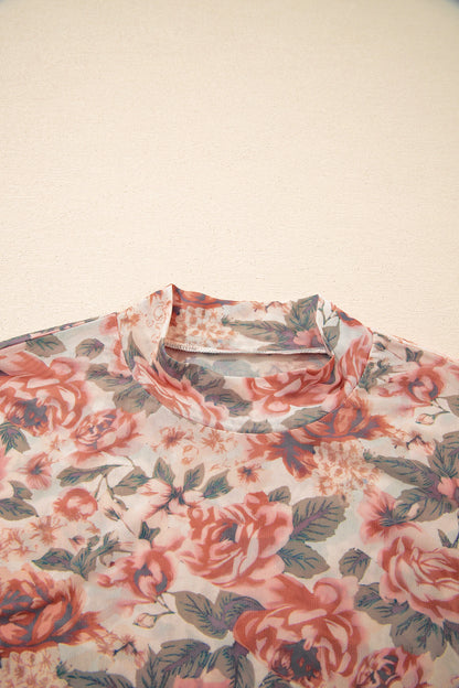 Floral Mesh Mock Neck Long Sleeve Top
