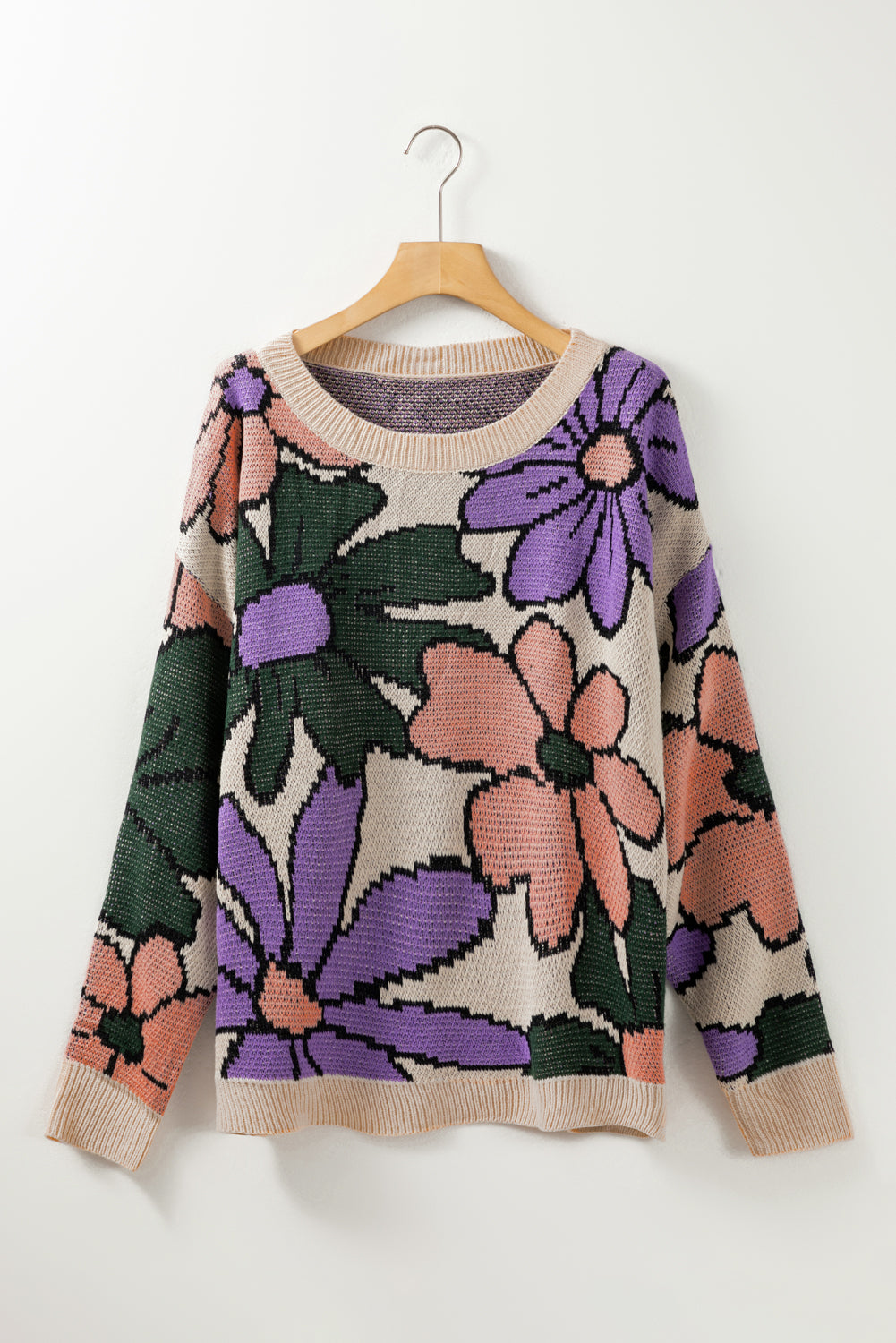 Retro Floral Ribbed Trim Sweater