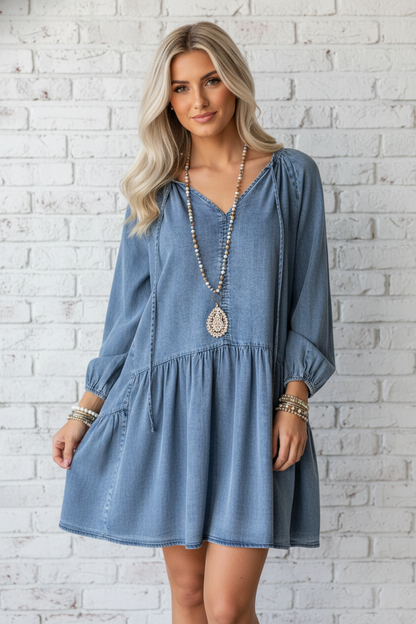 Denim Puff Sleeve Tie V-Neck Ruffle Dress