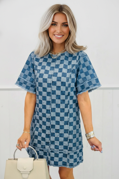 Checker Denim Frayed Hem Mini Dress