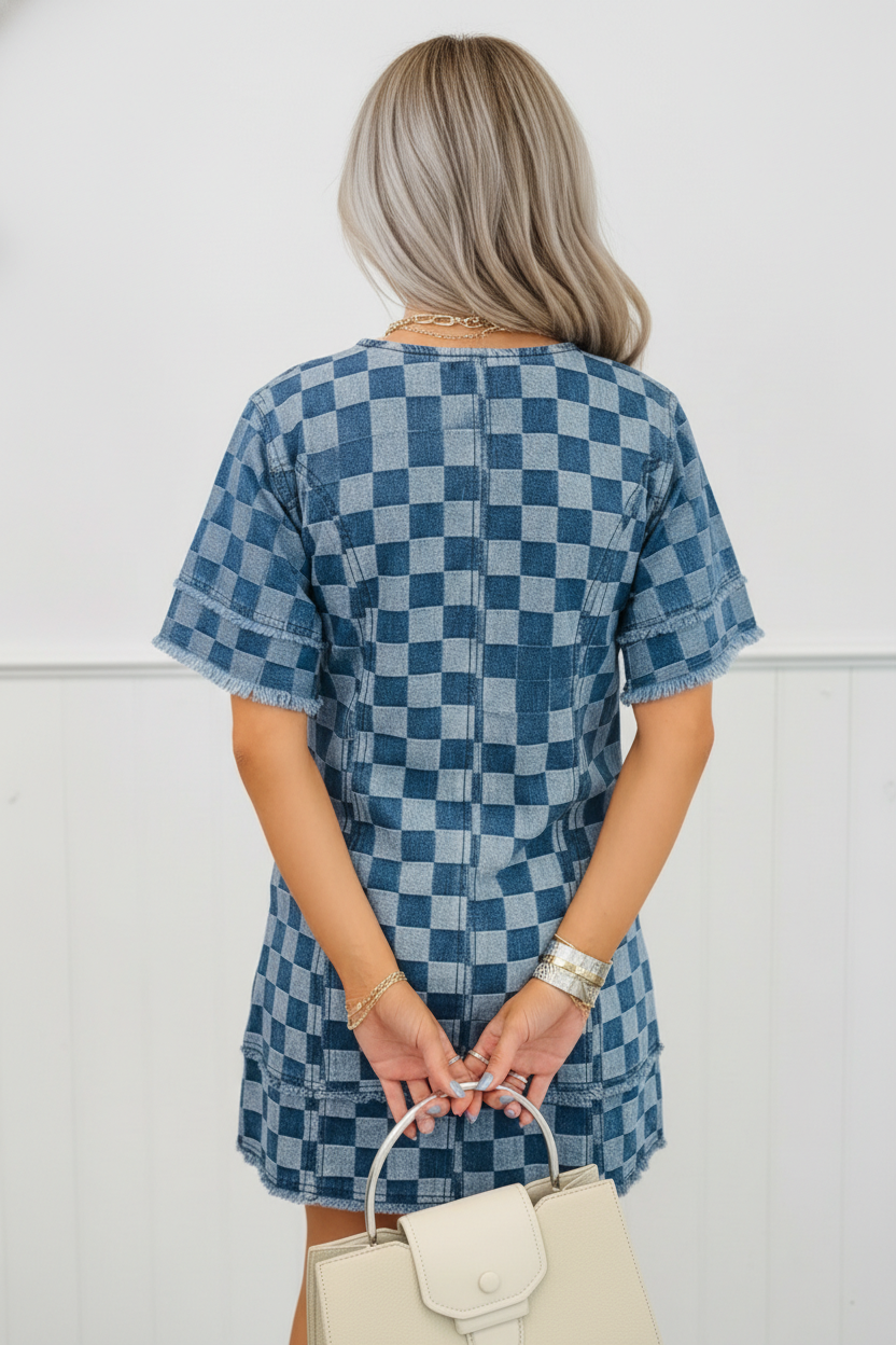 Checker Denim Frayed Hem Mini Dress