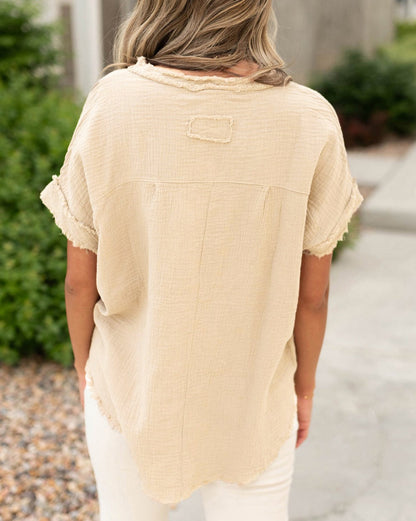 Crinkle Gauze Frayed Trim Top