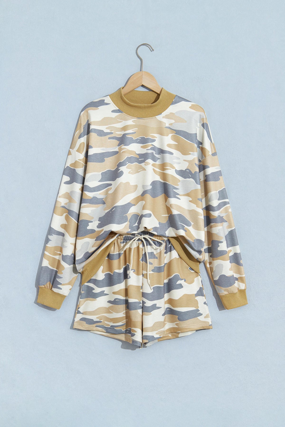 Camo Mock Neck Long Sleeve Top & Shorts Set