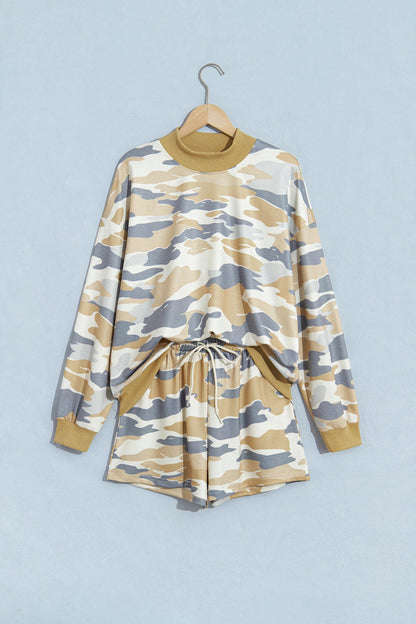 Camo Mock Neck Long Sleeve Top & Shorts Set
