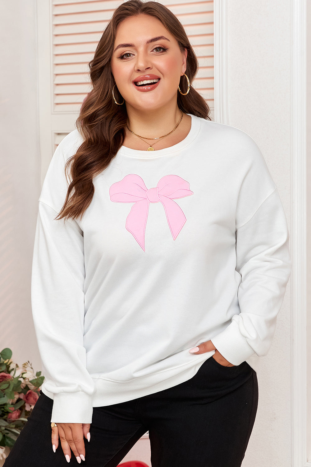 Plus Size Bow Tie Drop Shoulder Sweatshirt