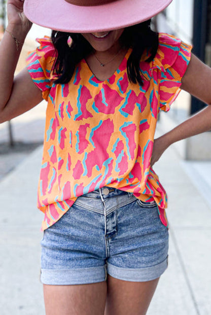 Abstract Flutter Sleeve V-Neck Blouse